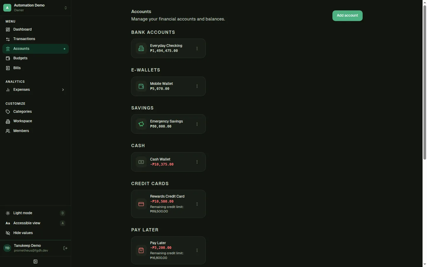 Tanukeep accounts page grouped into bank accounts, e-wallets, savings, cash, credit cards, and pay later
