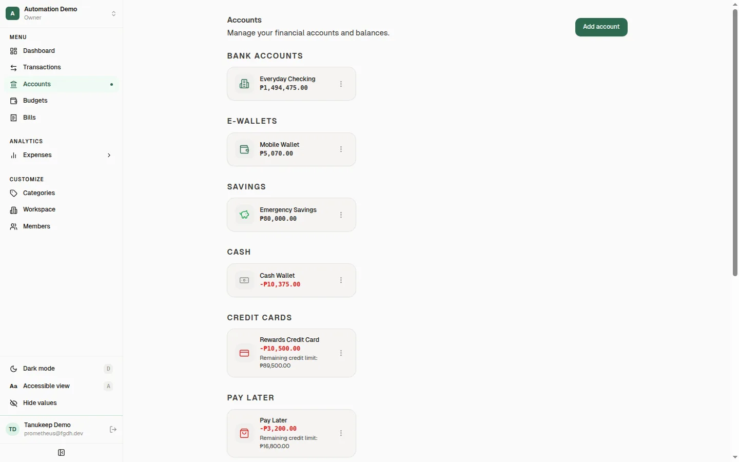 Tanukeep accounts page grouped into bank accounts, e-wallets, savings, cash, credit cards, and pay later