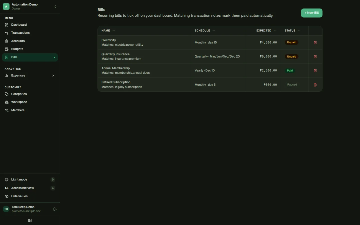 Tanukeep bills list with monthly, quarterly, and yearly schedules and paid or unpaid status