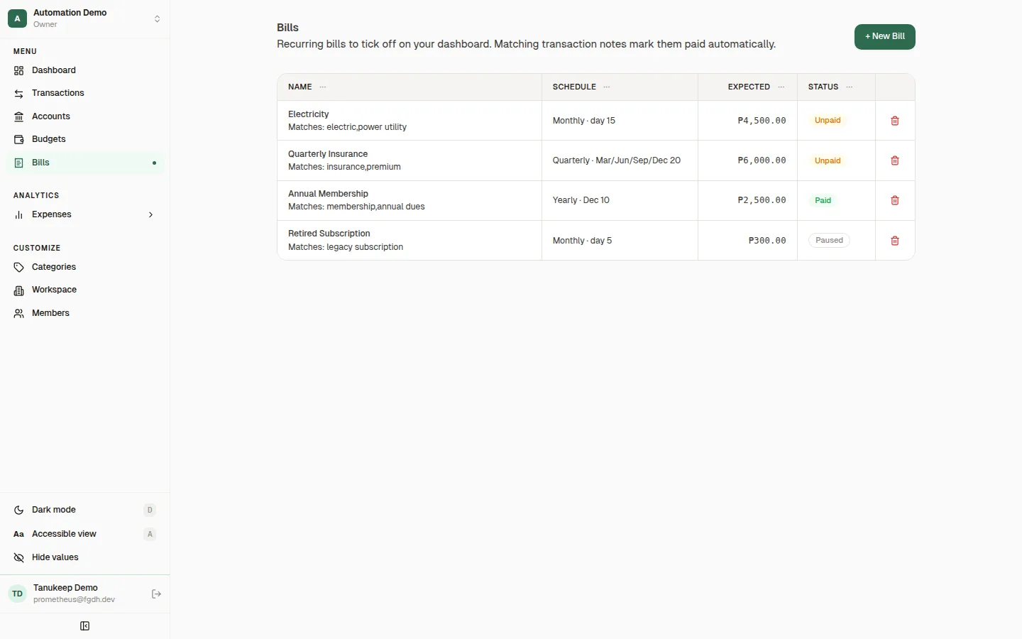 Tanukeep bills list with monthly, quarterly, and yearly schedules and paid or unpaid status