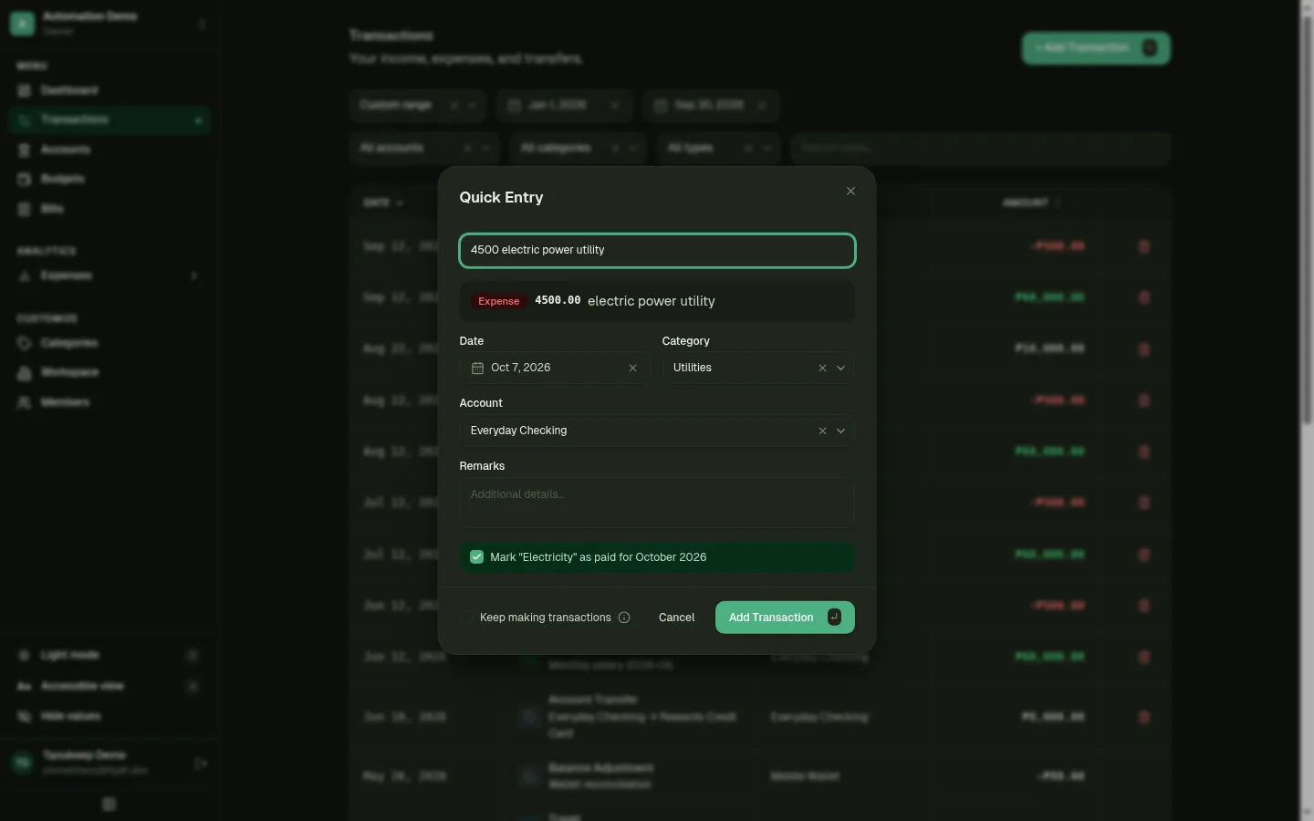Tanukeep Quick Entry dialog parsing a one-line expense into amount, account, category, and date