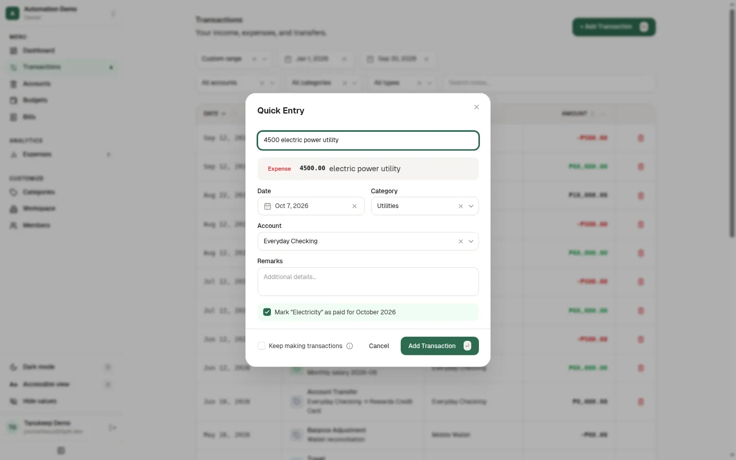 Tanukeep Quick Entry dialog parsing a one-line expense into amount, account, category, and date